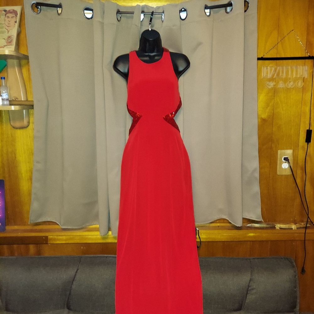 Cache Red Gown with beaded outline straps & below